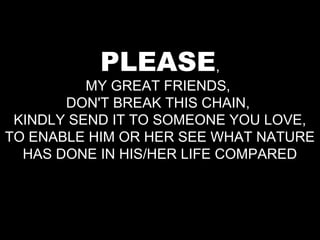 PLEASE,
          MY GREAT FRIENDS,
       DON'T BREAK THIS CHAIN,
 KINDLY SEND IT TO SOMEONE YOU LOVE,
TO ENABLE HIM OR HER SEE WHAT NATURE
  HAS DONE IN HIS/HER LIFE COMPARED
 