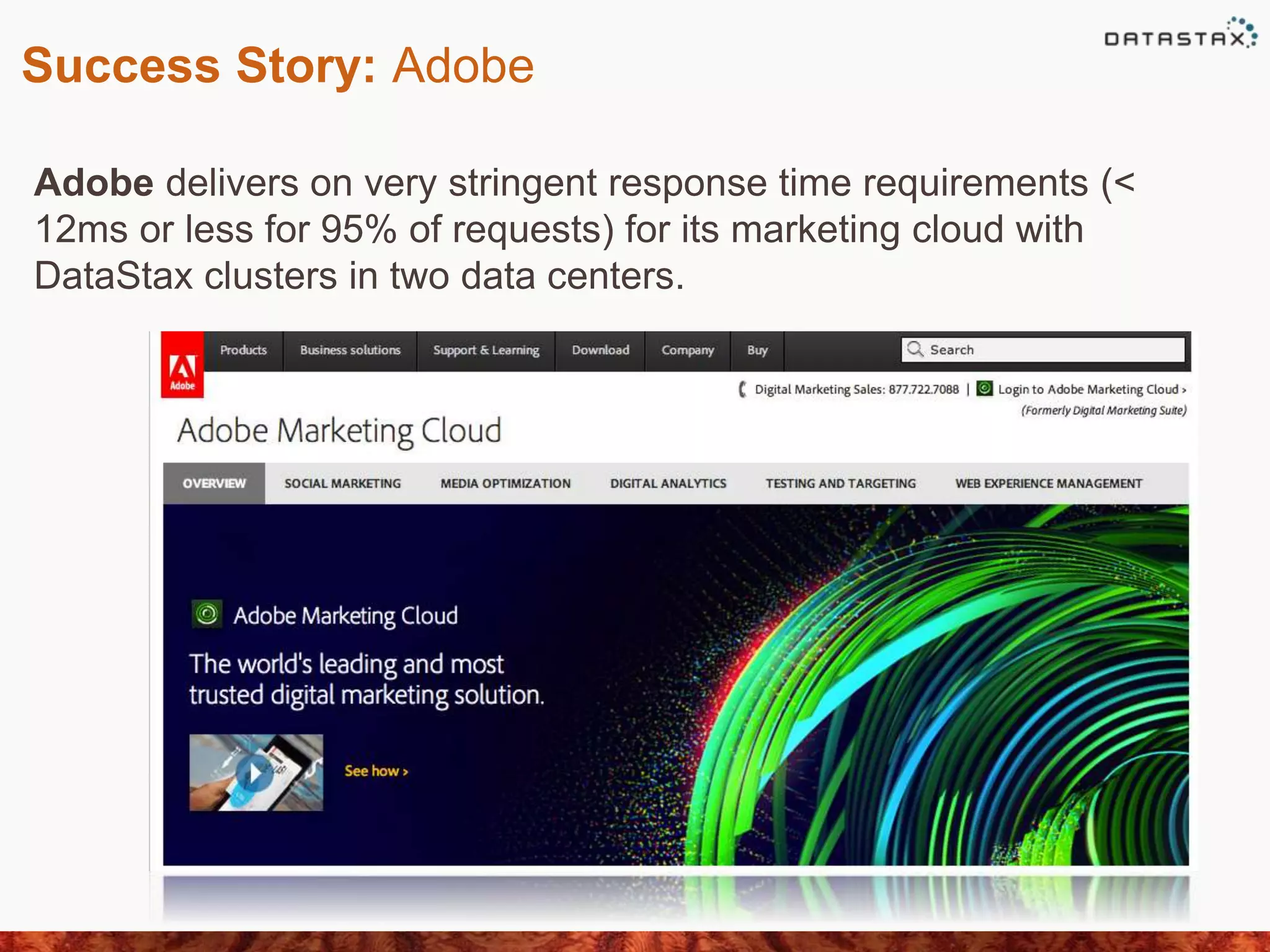 Success Story: Adobe
Adobe delivers on very stringent response time requirements (<
12ms or less for 95% of requests) for its marketing cloud with
DataStax clusters in two data centers.
 