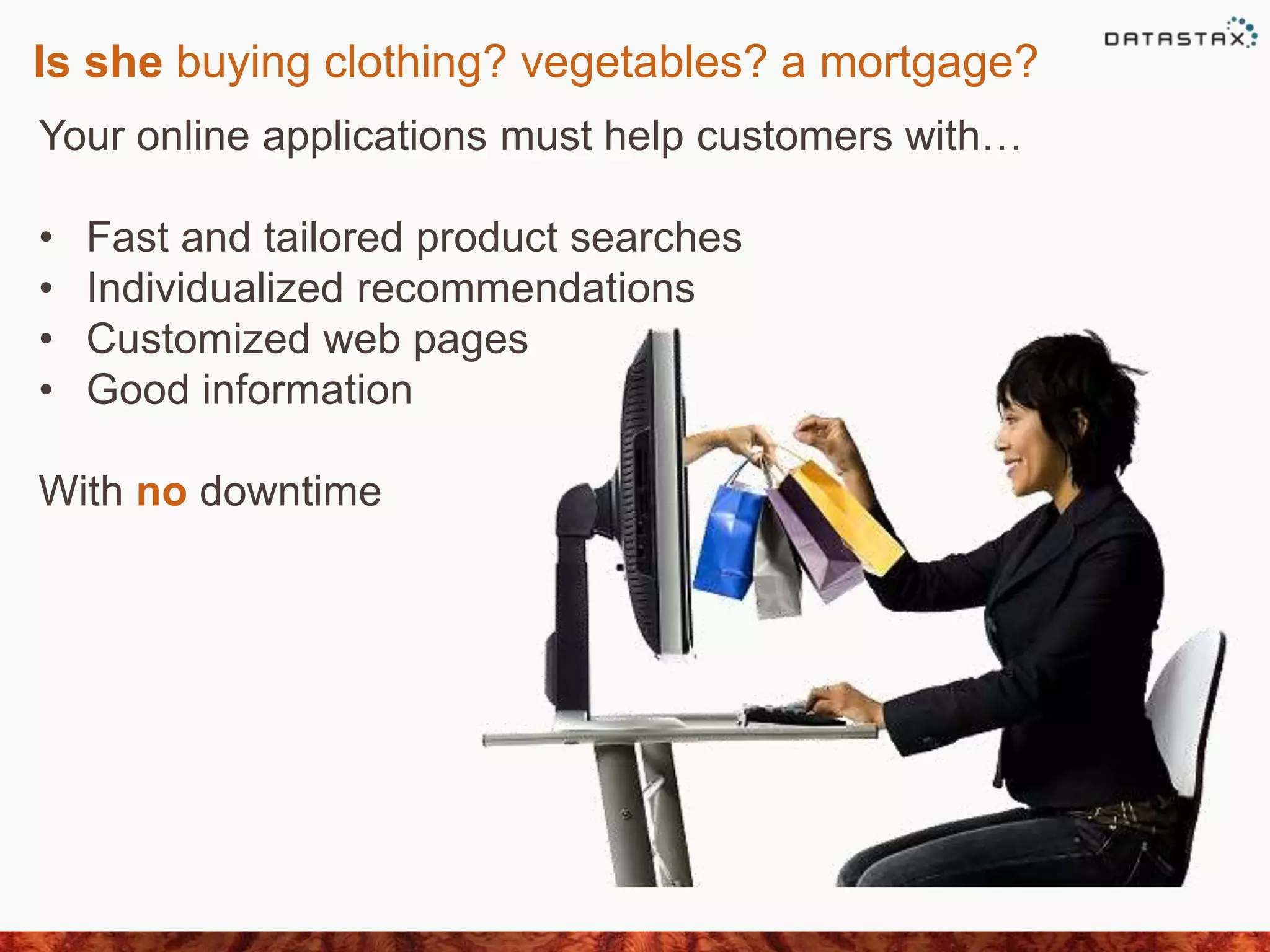 Is she buying clothing? vegetables? a mortgage?
Your online applications must help customers with…
• Fast and tailored product searches
• Individualized recommendations
• Customized web pages
• Good information
With no downtime
 