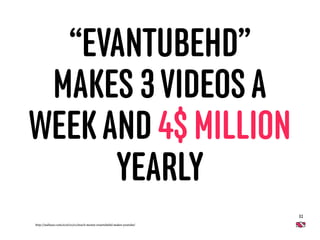 32
“EVANTUBEHD”
MAKES 3VIDEOSA
WEEKAND 4$ MILLION
YEARLY
http://naibuzz.com/2016/10/01/much-money-evantubehd-makes-youtube/
 