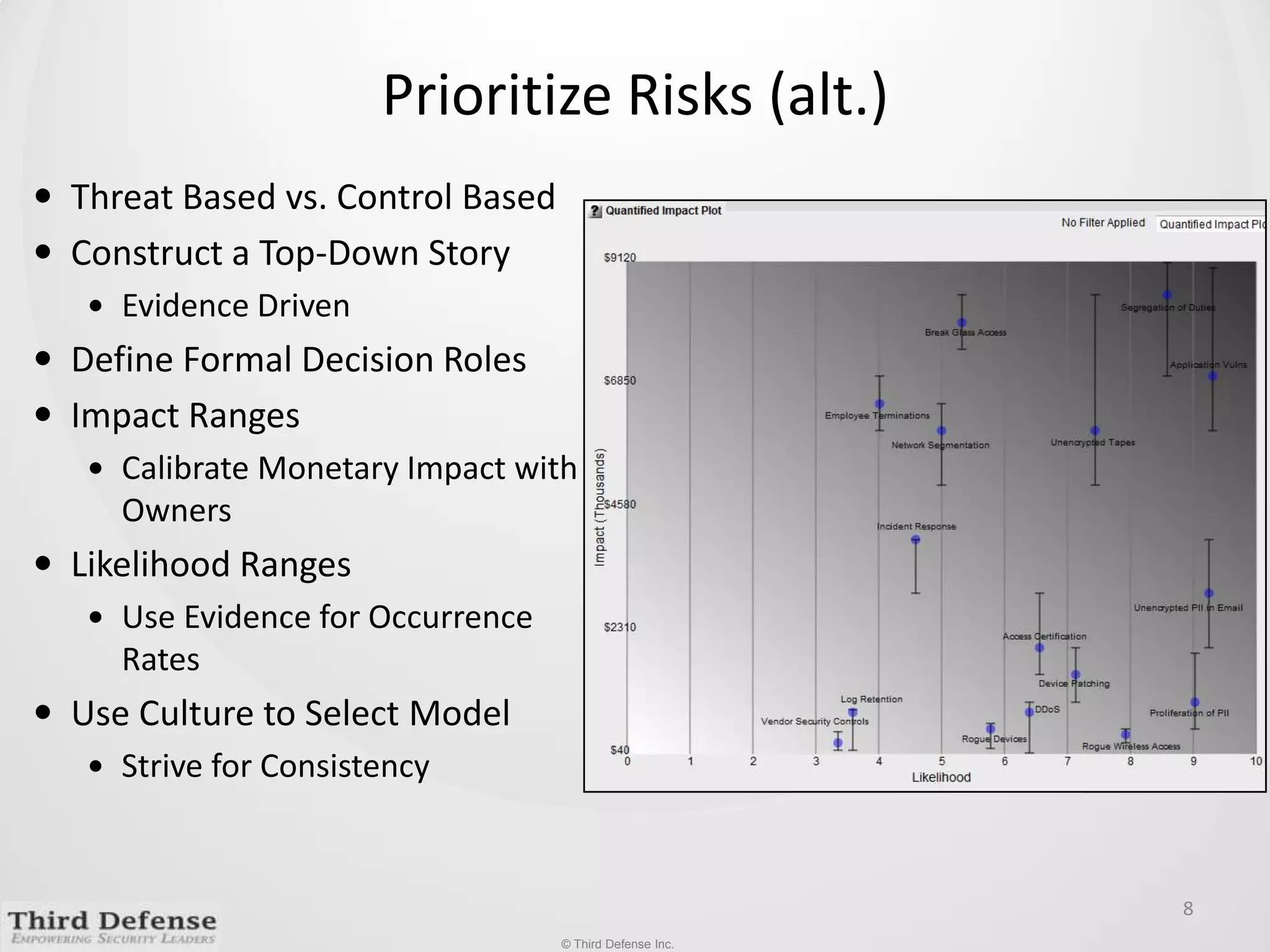 Prioritize Risks (alt.)Threat Based vs. Control BasedConstruct a Top-Down Story Evidence Driven Define Formal Decision RolesImpact Ranges Calibrate Monetary Impact with OwnersLikelihood Ranges Use Evidence for Occurrence RatesUse Culture to Select ModelStrive for Consistency8