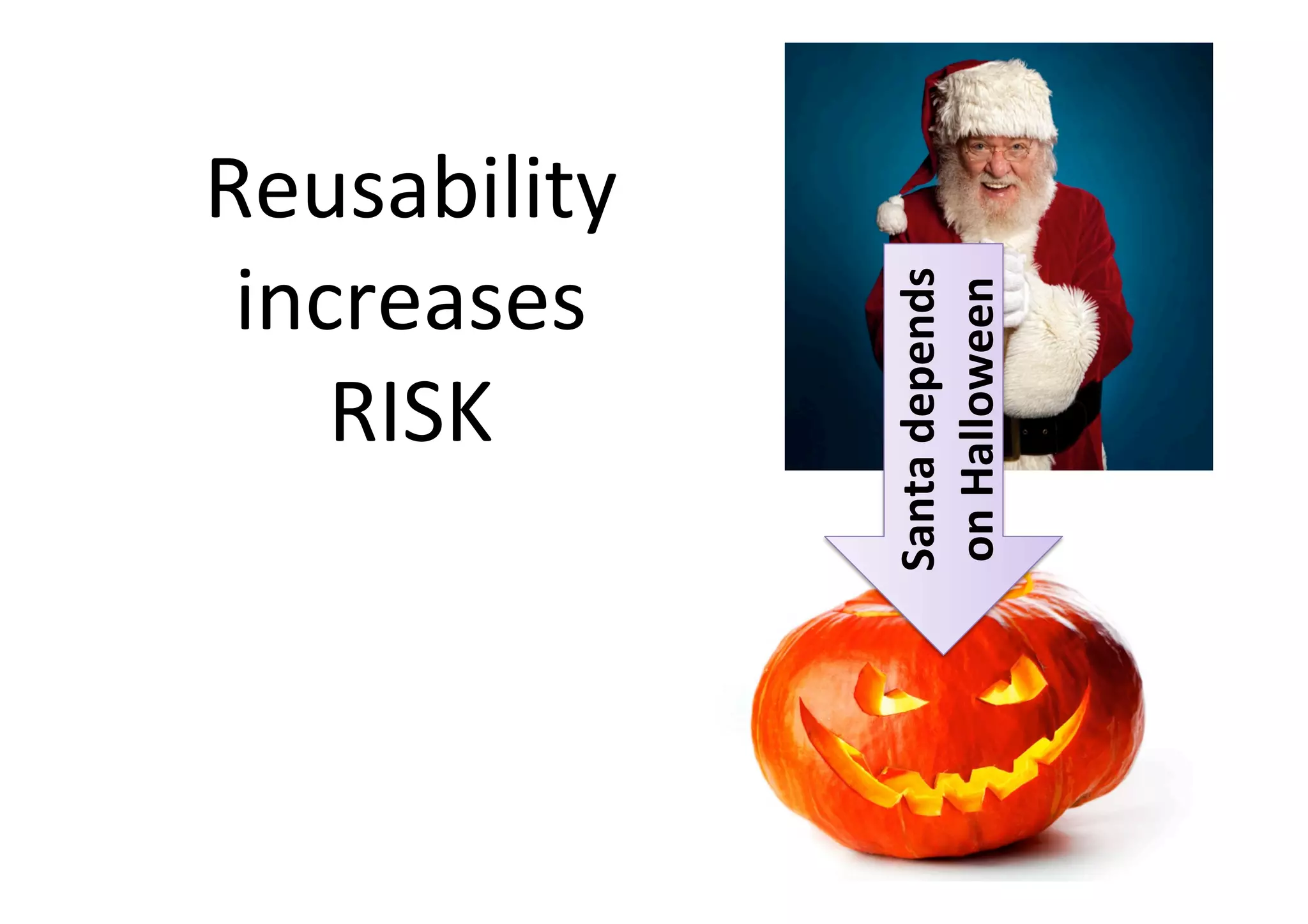 Reusability	
increases	
RISK	
Santa	depends	
on	Halloween	
 
