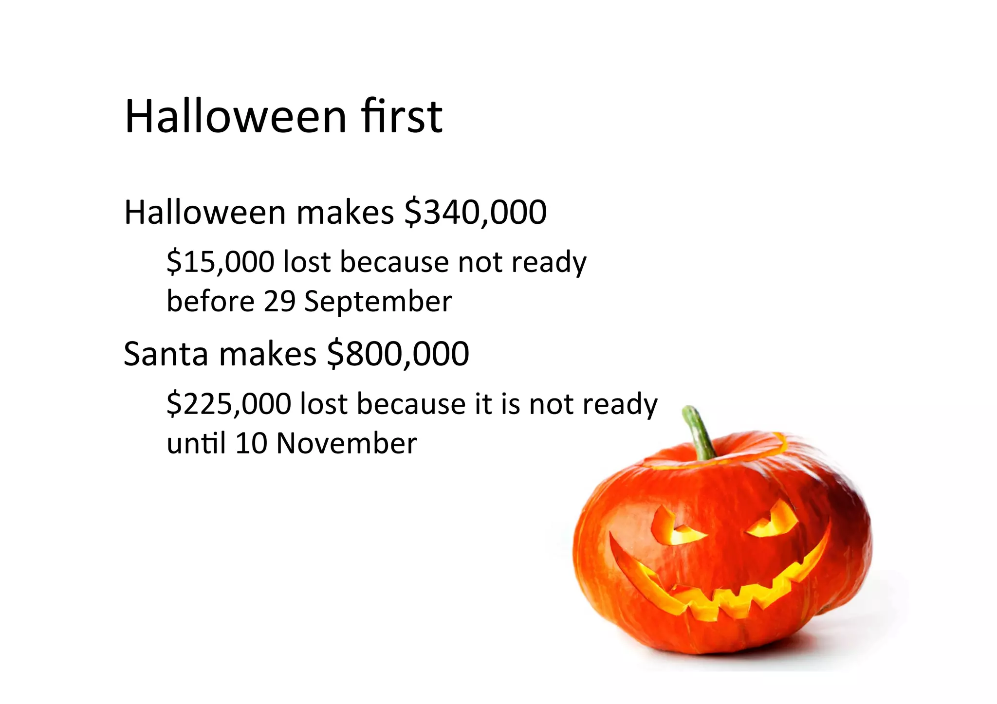 Halloween	makes	$340,000	
$15,000	lost	because	not	ready	
before	29	September	
Santa	makes	$800,000	
$225,000	lost	because	it	is	not	ready	
unSl	10	November	
	
Halloween	ﬁrst	
 