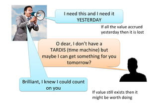 I	need	this	and	I	need	it	
YESTERDAY	
O	dear,	I	don’t	have	a		
TARDIS	(Sme	machine)	but		
maybe	I	can	get	something	for	you	
tomorrow?	
Brilliant,	I	knew	I	could	count	
on	you	
If	all	the	value	accrued	
yesterday	then	it	is	lost	
If	value	sSll	exists	then	it	
might	be	worth	doing	
 