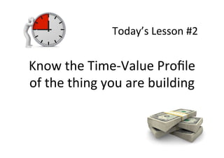 Today’s	Lesson	#2	
Know	the	Time-Value	Proﬁle	
of	the	thing	you	are	building	
 