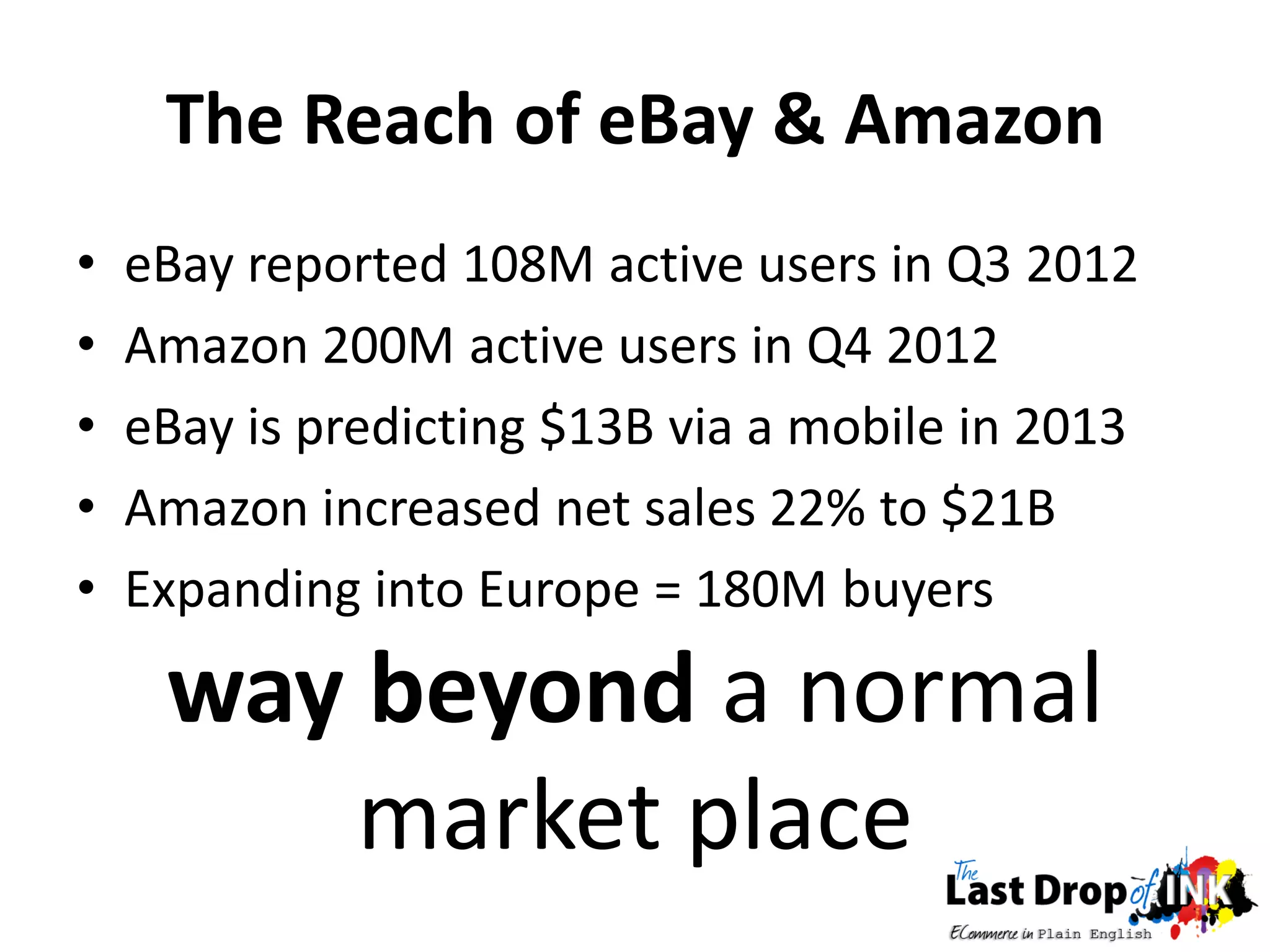 The Reach of eBay & Amazon
•   eBay reported 108M active users in Q3 2012
•   Amazon 200M active users in Q4 2012
•   eBay is predicting $13B via a mobile in 2013
•   Amazon increased net sales 22% to $21B
•   Expanding into Europe = 180M buyers

     way beyond a normal
         market place
 