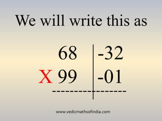 www.vedicmathsofindia.com
We will write this as
68 -32
X 99 -01
-----------------
 