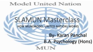 SLAMUN Masterclass
HOW MUN(MODEL UNITED NATION) WORKS
By- Karan Panchal
B.A. Psychology (Hons)
 