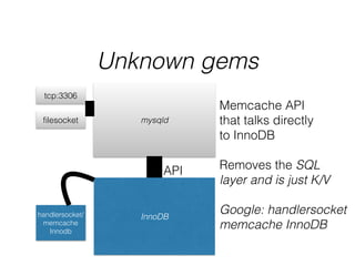 Unknown gems
mysqld
InnoDB
tcp:3306
ﬁlesocket
API
handlersocket/
memcache
Innodb
Memcache API
that talks directly
to InnoDB
!
Removes the SQL
layer and is just K/V
!
Google: handlersocket
memcache InnoDB
 