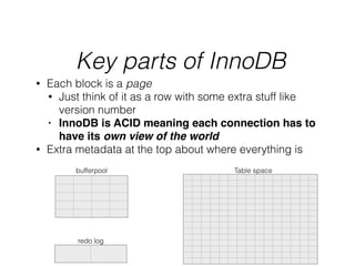 Key parts of InnoDB
Table space
redo log
bufferpool
• Each block is a page
• Just think of it as a row with some extra stuff like
version number
• InnoDB is ACID meaning each connection has to
have its own view of the world!
• Extra metadata at the top about where everything is
 