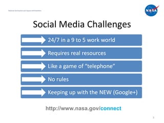 Social Media Challenges National Aeronautics and Space Administration http://www.nasa.gov/ connect 