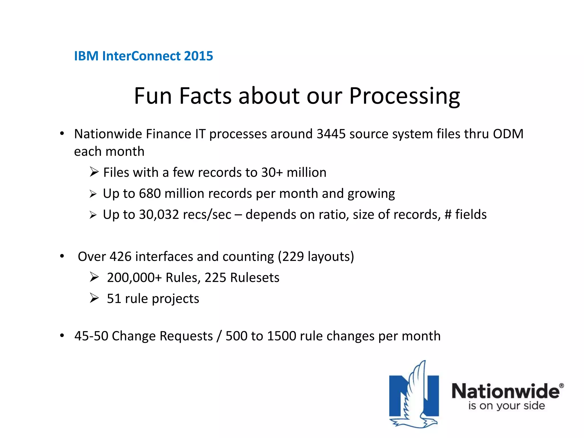 • Nationwide Finance IT processes around 3445 source system files thru ODM
each month
 Files with a few records to 30+ million
 Up to 680 million records per month and growing
 Up to 30,032 recs/sec – depends on ratio, size of records, # fields
• Over 426 interfaces and counting (229 layouts)
 200,000+ Rules, 225 Rulesets
 51 rule projects
• 45-50 Change Requests / 500 to 1500 rule changes per month
IBM InterConnect 2015
Fun Facts about our Processing
 