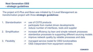 Next Generation OSS
- strategic guidelines
1. Standardisation -> use of COTS products
-> participate from market driven de...