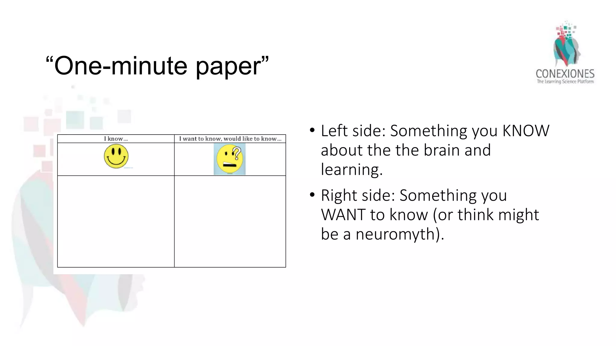 “One-minute paper”
• Left side: Something you KNOW
about the the brain and
learning.
• Right side: Something you
WANT to know (or think might
be a neuromyth).
 