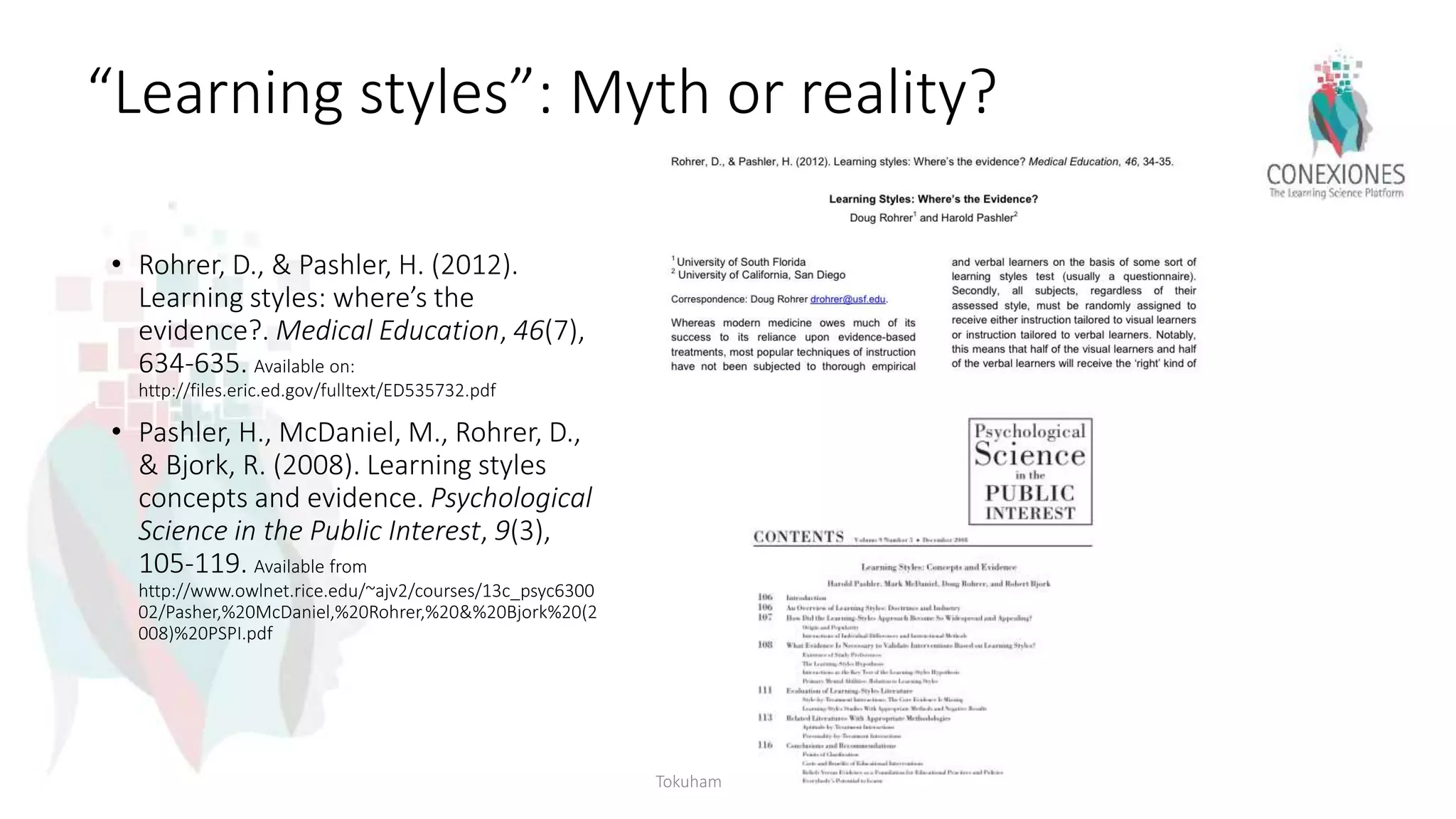 “Learning styles”: Myth or reality?
• Rohrer, D., & Pashler, H. (2012).
Learning styles: where’s the
evidence?. Medical Education, 46(7),
634-635. Available on:
http://files.eric.ed.gov/fulltext/ED535732.pdf
• Pashler, H., McDaniel, M., Rohrer, D.,
& Bjork, R. (2008). Learning styles
concepts and evidence. Psychological
Science in the Public Interest, 9(3),
105-119. Available from
http://www.owlnet.rice.edu/~ajv2/courses/13c_psyc6300
02/Pasher,%20McDaniel,%20Rohrer,%20&%20Bjork%20(2
008)%20PSPI.pdf
Tokuhama-Espinosa
 