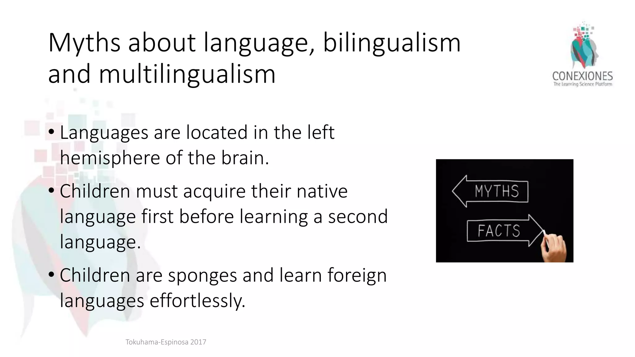 Myths about language, bilingualism
and multilingualism
• Languages are located in the left
hemisphere of the brain.
• Children must acquire their native
language first before learning a second
language.
• Children are sponges and learn foreign
languages effortlessly.
Tokuhama-Espinosa 2017
 