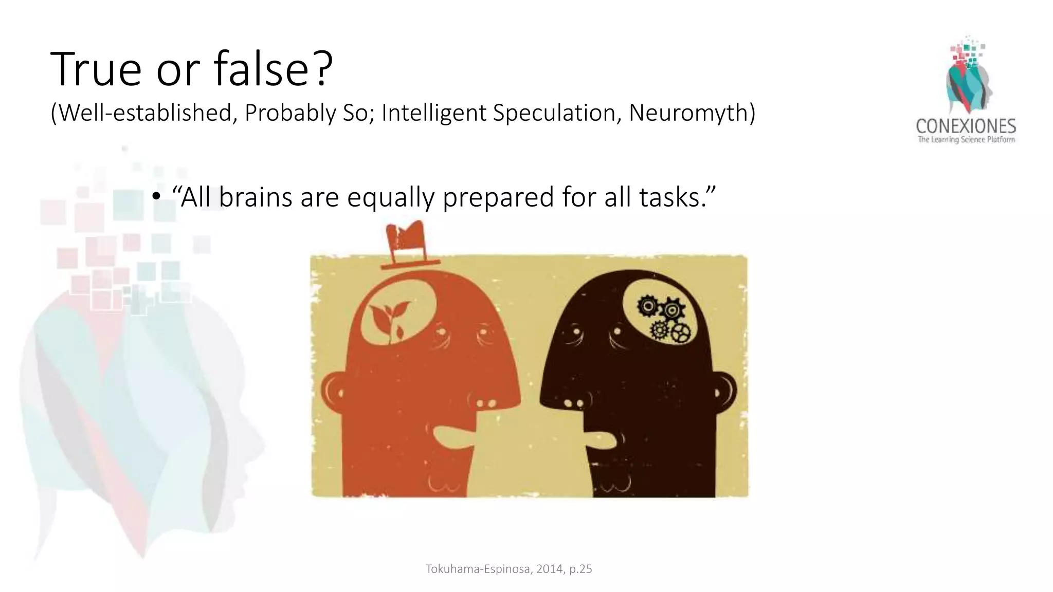 True or false?
(Well-established, Probably So; Intelligent Speculation, Neuromyth)
• “All brains are equally prepared for all tasks.”
Tokuhama-Espinosa, 2014, p.25
 