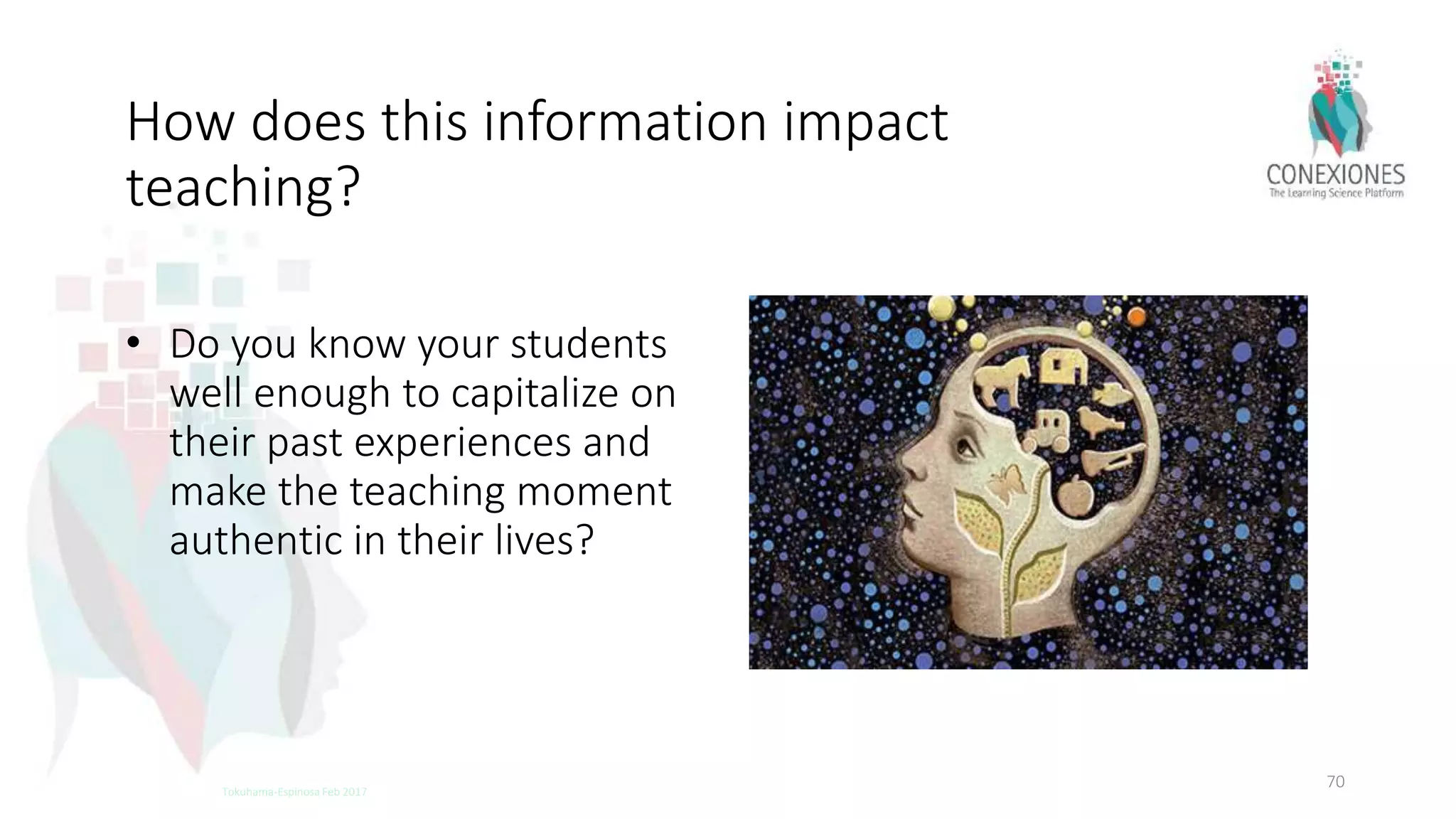 • Do you know your students
well enough to capitalize on
their past experiences and
make the teaching moment
authentic in their lives?
70Tokuhama-Espinosa Feb 2017
How does this information impact
teaching?
 