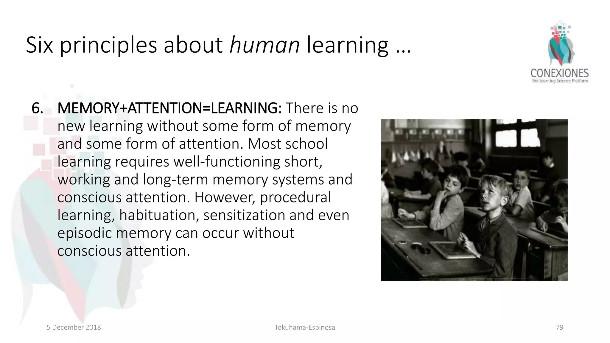6. MEMORY+ATTENTION=LEARNING: There is no
new learning without some form of memory
and some form of attention. Most school
learning requires well-functioning short,
working and long-term memory systems and
conscious attention. However, procedural
learning, habituation, sensitization and even
episodic memory can occur without
conscious attention.
5 December 2018 Tokuhama-Espinosa 79
Six principles about human learning …
 