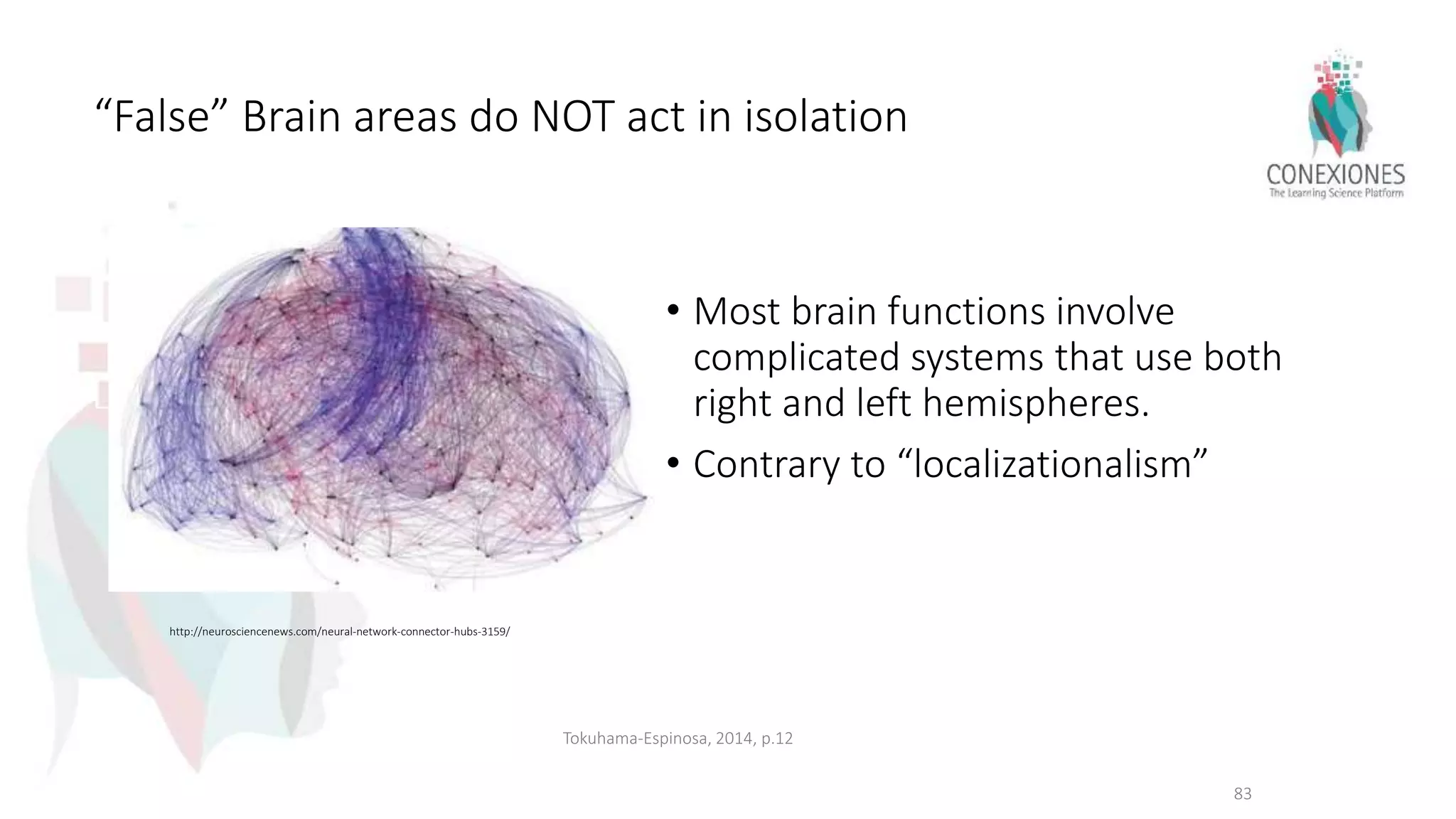 “False” Brain areas do NOT act in isolation
• Most brain functions involve
complicated systems that use both
right and left hemispheres.
• Contrary to “localizationalism”
83
Tokuhama-Espinosa, 2014, p.12
http://neurosciencenews.com/neural-network-connector-hubs-3159/
 