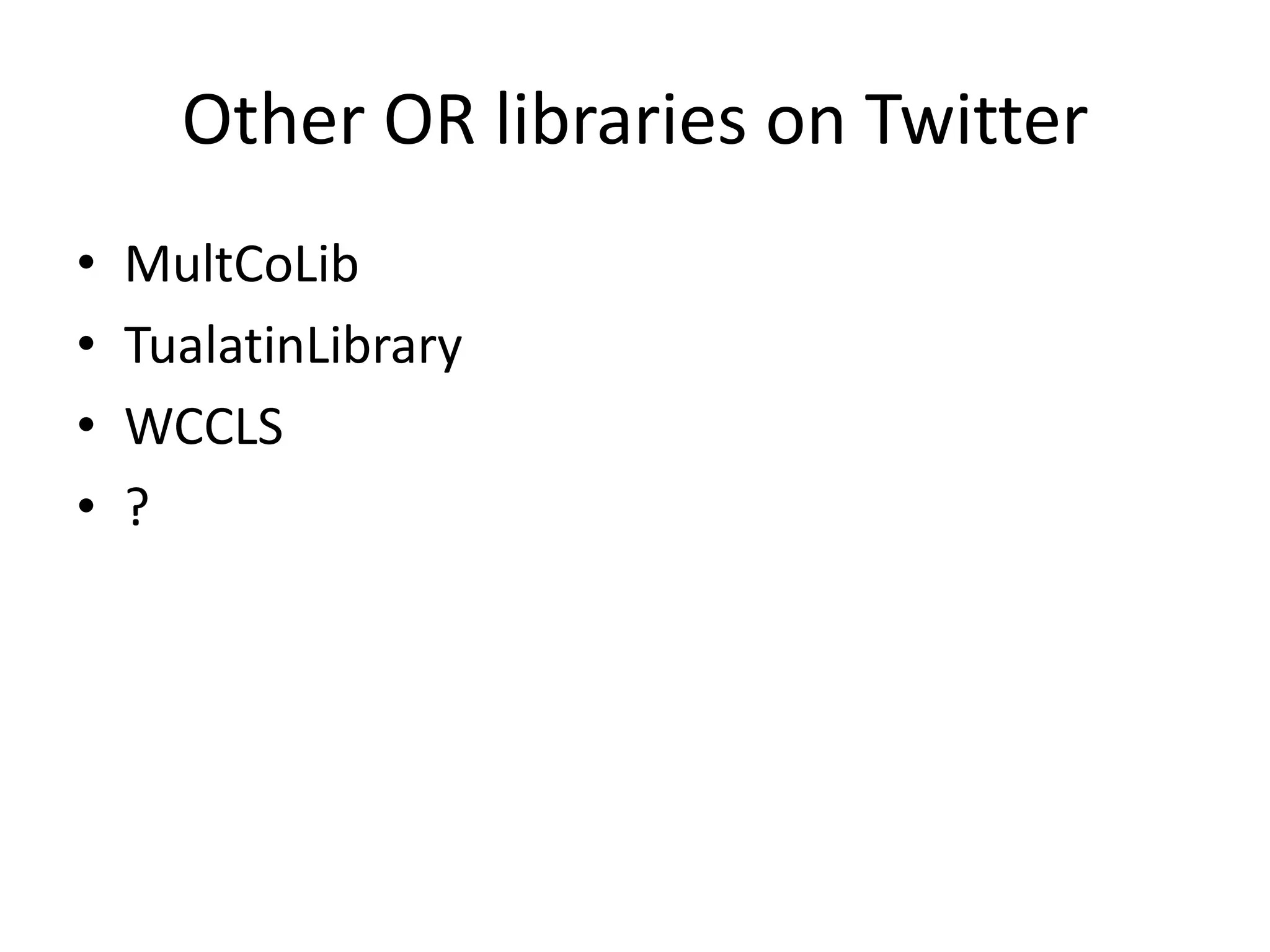 Other OR libraries on Twitter
•   MultCoLib
•   TualatinLibrary
•   WCCLS
•   ?
 
