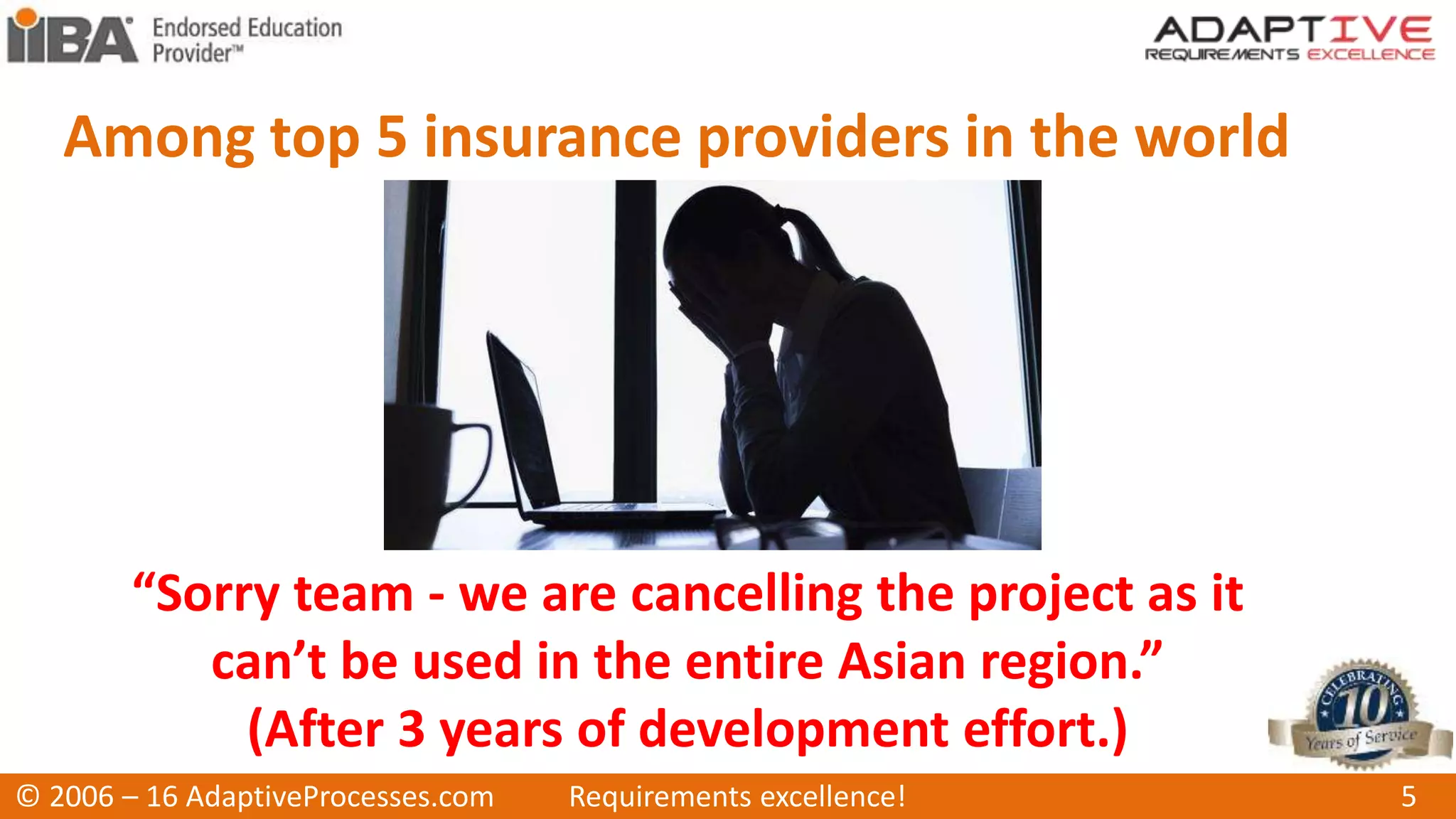 Among top 5 insurance providers in the world
© 2006 – 16 AdaptiveProcesses.com Requirements excellence! 5
“Sorry team - we are cancelling the project as it
can’t be used in the entire Asian region.”
(After 3 years of development effort.)
 
