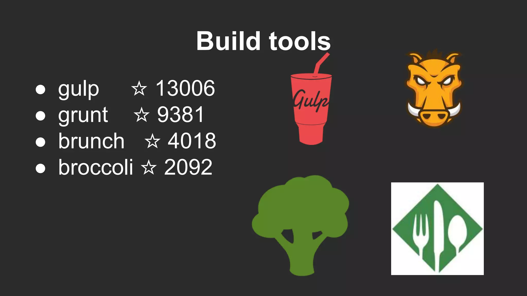 Build tools
● gulp ☆ 13006
● grunt ☆ 9381
● brunch ☆ 4018
● broccoli ☆ 2092
 