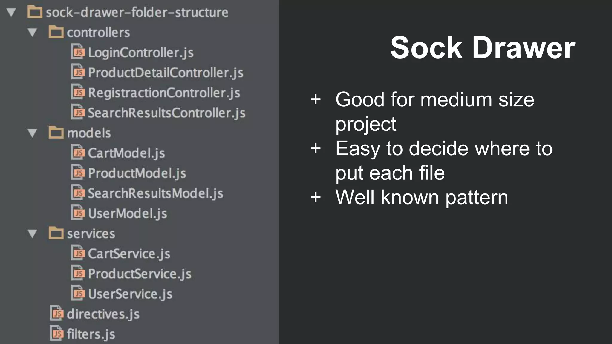 Sock Drawer
+ Good for medium size
project
+ Easy to decide where to
put each file
+ Well known pattern
 