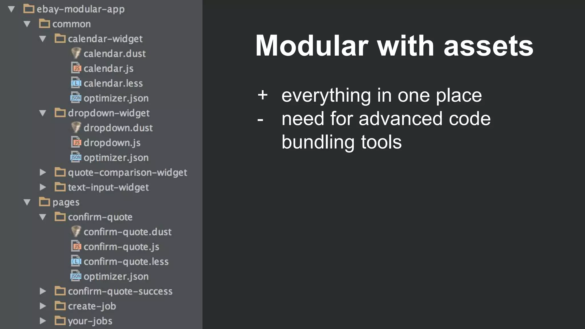 Modular with assets
+ everything in one place
- need for advanced code
bundling tools
 