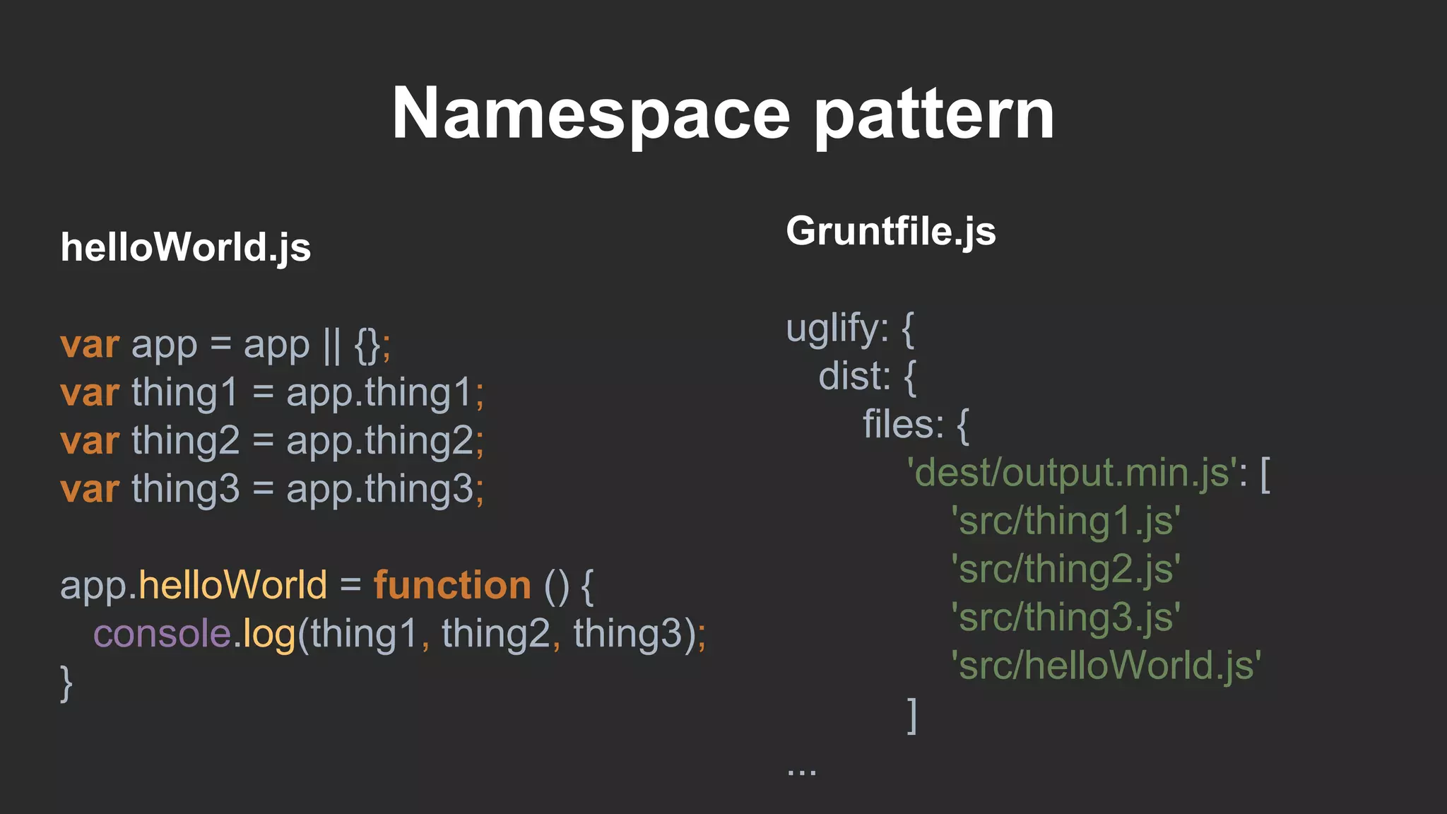 Namespace pattern
helloWorld.js
var app = app || {};
var thing1 = app.thing1;
var thing2 = app.thing2;
var thing3 = app.thing3;
app.helloWorld = function () {
console.log(thing1, thing2, thing3);
}
Gruntfile.js
uglify: {
dist: {
files: {
'dest/output.min.js': [
'src/thing1.js'
'src/thing2.js'
'src/thing3.js'
'src/helloWorld.js'
]
...
 
