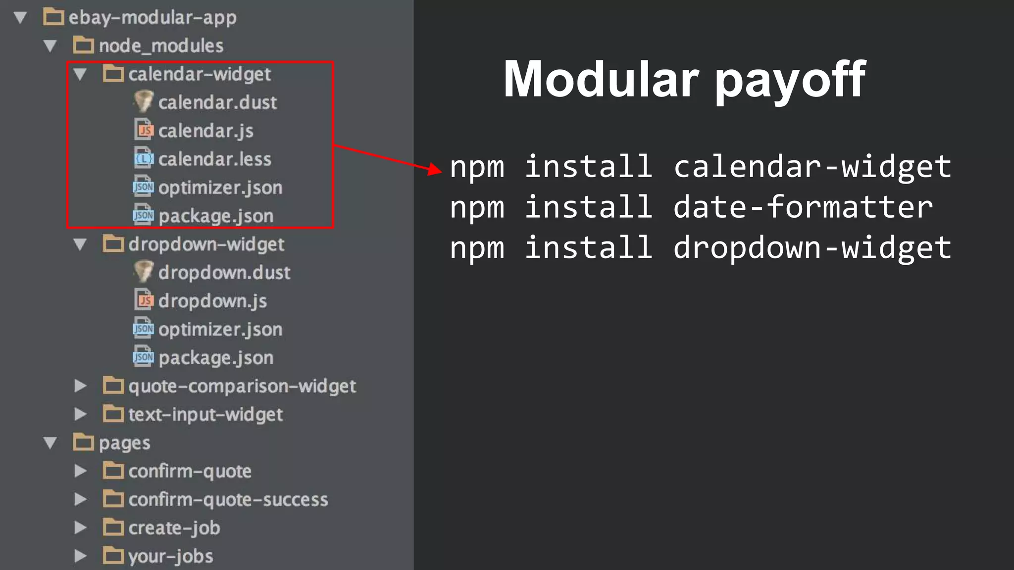 npm install calendar-widget
npm install date-formatter
npm install dropdown-widget
Modular payoff
 
