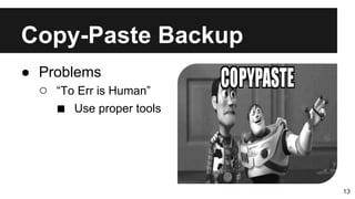 Copy-Paste Backup
13
● Problems
○ “To Err is Human”
■ Use proper tools
 