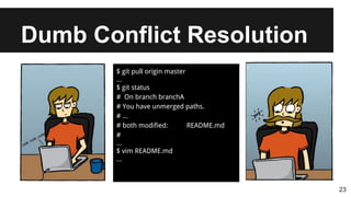 Dumb Conflict Resolution
23
$ git pull origin master
...
$ git status
# On branch branchA
# You have unmerged paths.
# ...
# both modified: README.md
#
...
$ vim README.md
...
 