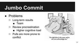 Jumbo Commit
31
● Problems
○ Long-term results
■ Team
○ Review procrastination
■ Higher cognitive load
○ Pulls are more prone to
conflict
 