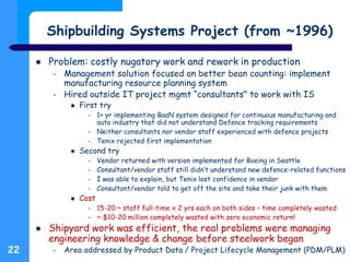 Shipbuilding Systems Project (from ~1996)
 Problem: costly nugatory work and rework in production
– Management solution f...