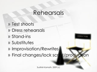 Rehearsals Test shoots Dress rehearsals Stand-ins Substitutes Improvisation/Rewrites Final changes/lock script/production 