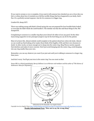 If you want to scream or cry or complain, if you want to tell someone how shocked you are or how icky you
feel, or whine about how it reminds you of all the terrible things that have happened to you lately, that's
fine. It's a perfectly normal response. Just do it to someone in a bigger ring.
Comfort IN, dump OUT.
There was nothing wrong with Katie's friend saying she was not prepared for how horrible Katie looked,
or even that she didn't think she could handle it. The mistake was that she said those things to Pat. She
dumped IN.
Complaining to someone in a smaller ring than yours doesn't do either of you any good. On the other
hand, being supportive to her principal caregiver may be the best thing you can do for the patient.
Most of us know this. Almost nobody would complain to the patient about how rotten she looks. Almost
no one would say that looking at her makes them think of the fragility of life and their own closeness to
death. In other words, we know enough not to dump into the center ring. Ring Theory merely expands
that intuition and makes it more concrete: Don't just avoid dumping into the center ring, avoid dumping
into any ring smaller than your own.
Remember, you can say whatever you want if you just wait until you're talking to someone in a larger ring
than yours.
And don't worry. You'll get your turn in the center ring. You can count on that.
Susan Silk is a clinical psychologist. Barry Goldman is an arbitrator and mediator and the author of "The Science of
Settlement: Ideas for Negotiators."

(Illustration by Wes Bausmith / Los Angeles Times)
Copyright 2014 Los Angeles Times http://articles.latimes.com/print/2013/apr/07/opinion/la-oe-0407-silk-ring-theory-20130407

Weekly Informational Text: “How not to say the wrong thing”

 