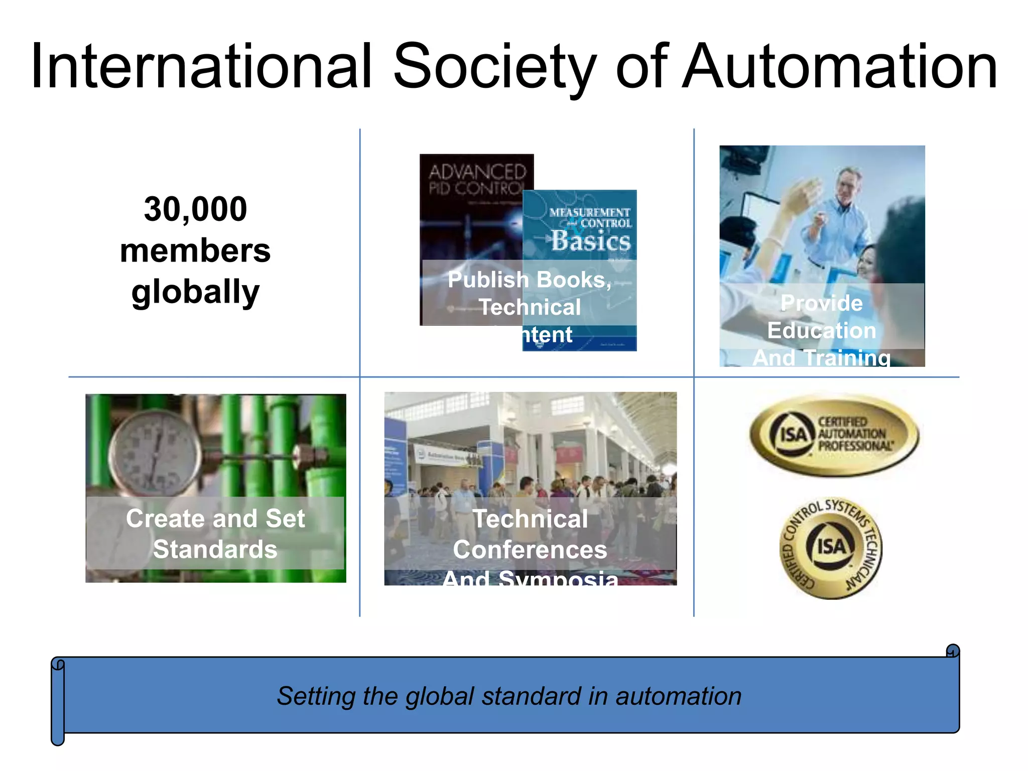 International Society of Automation

    30,000
   members
                             Publish Books,
   globally                    Technical                    Provide
                                Content                    Education
                                                          And Training




   Create and Set             Technical
     Standards               Conferences
                            And Symposia



              Setting the global standard in automation
 