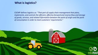 CSCMP defines logistics as: “That part of supply chain management that plans,
implements, and controls the efficient, effective forward and reverse flow and storage
of goods, services, and related information between the point of origin and the point
of consumption in order to meet customers' requirements.”
What is logistics?
 