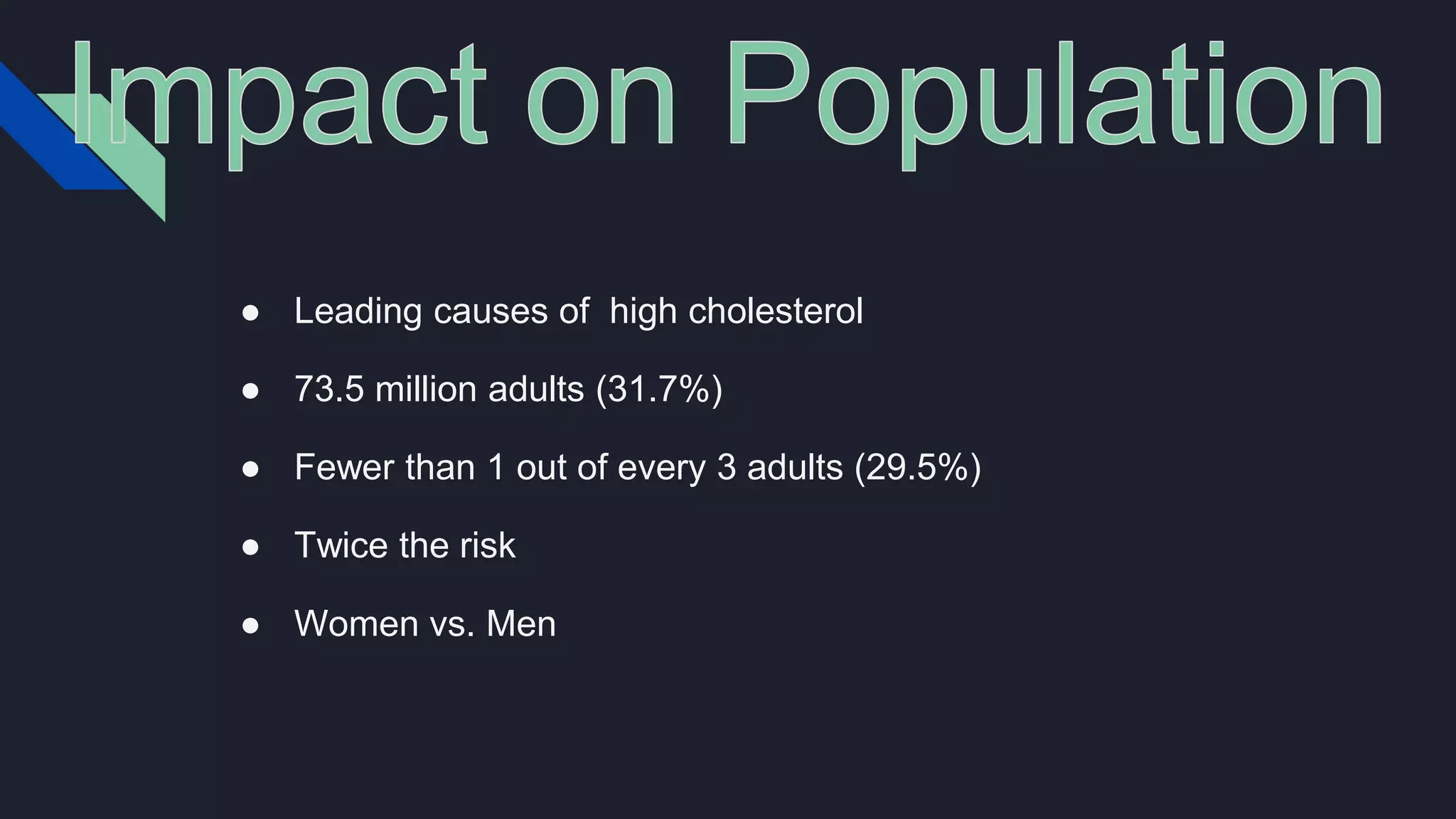 ● Leading causes of high cholesterol
● 73.5 million adults (31.7%)
● Fewer than 1 out of every 3 adults (29.5%)
● Twice the risk
● Women vs. Men
 