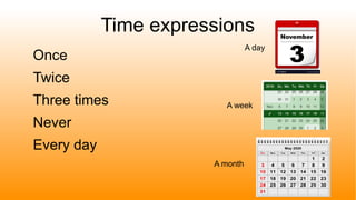 Time expressions
Once
Twice
Three times
Never
Every day
A day
A month
A week