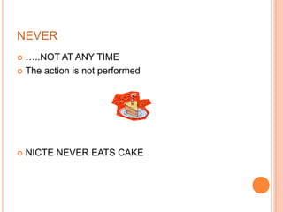 SOMETIMES…..SOME OF THE TIMETheactionisperformed 50% of thetimeLAURA SOMETIMES FINISHES SCHOOL AT 7:50.SOMETIMES LAURA FINISHES SCHOOL AT 7:50.Laura finishesschool at 7:50 SOME OF THE TIME*sometimescabe at thebeginning of a sentence.