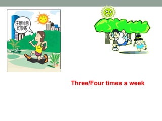 exercise
Three/Four times a week
A: How often do you exercise?
B: Three times a week.
 