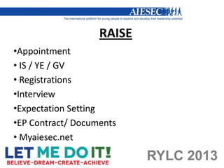 RAISE
•Appointment
• IS / YE / GV
• Registrations
•Interview
•Expectation Setting
•EP Contract/ Documents
• Myaiesec.net

                           RYLC 2013
 