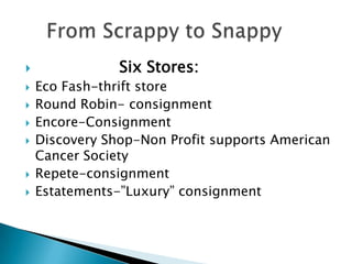                Six Stores:
   Eco Fash-thrift store
   Round Robin- consignment
   Encore-Consignment
   Discovery Shop-Non Profit supports American
    Cancer Society
   Repete-consignment
   Estatements-”Luxury” consignment
 
