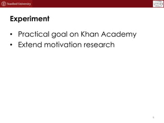 Experiment
• Practical goal on Khan Academy
• Extend motivation research

6

 