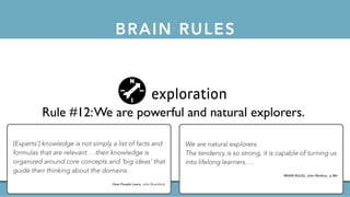 BRAIN RULESthe 12 brain rules
exercise
Rule #1: Exercise boosts brain power.
survival
Rule #2:The human brain evolved, too.
wiring
Rule #3: Every brain is wired differently.
attention
Rule #4:We don’t pay attention to boring things.
short-term memory
Rule #5: Repeat to remember.
long-term memory
Rule #6: Remember to repeat.
sleep
Rule #7: Sleep well, think well.
net
Rule #10:Vision trumps all other senses.
gender
Rule #11: Male and female brains are different.
exploration
Rule #12:We are powerful and natural explorers.
[Experts’] knowledge is not simply a list of facts and
formulas that are relevant. . .their knowledge is
organized around core concepts and ‘big ideas’ that
guide their thinking about the domains.
How People Learn, John Bransford
We are natural explorers.
The tendency is so strong, it is capable of turning us
into lifelong learners. . .
BRAIN RULES, John Medina, p. 264
 