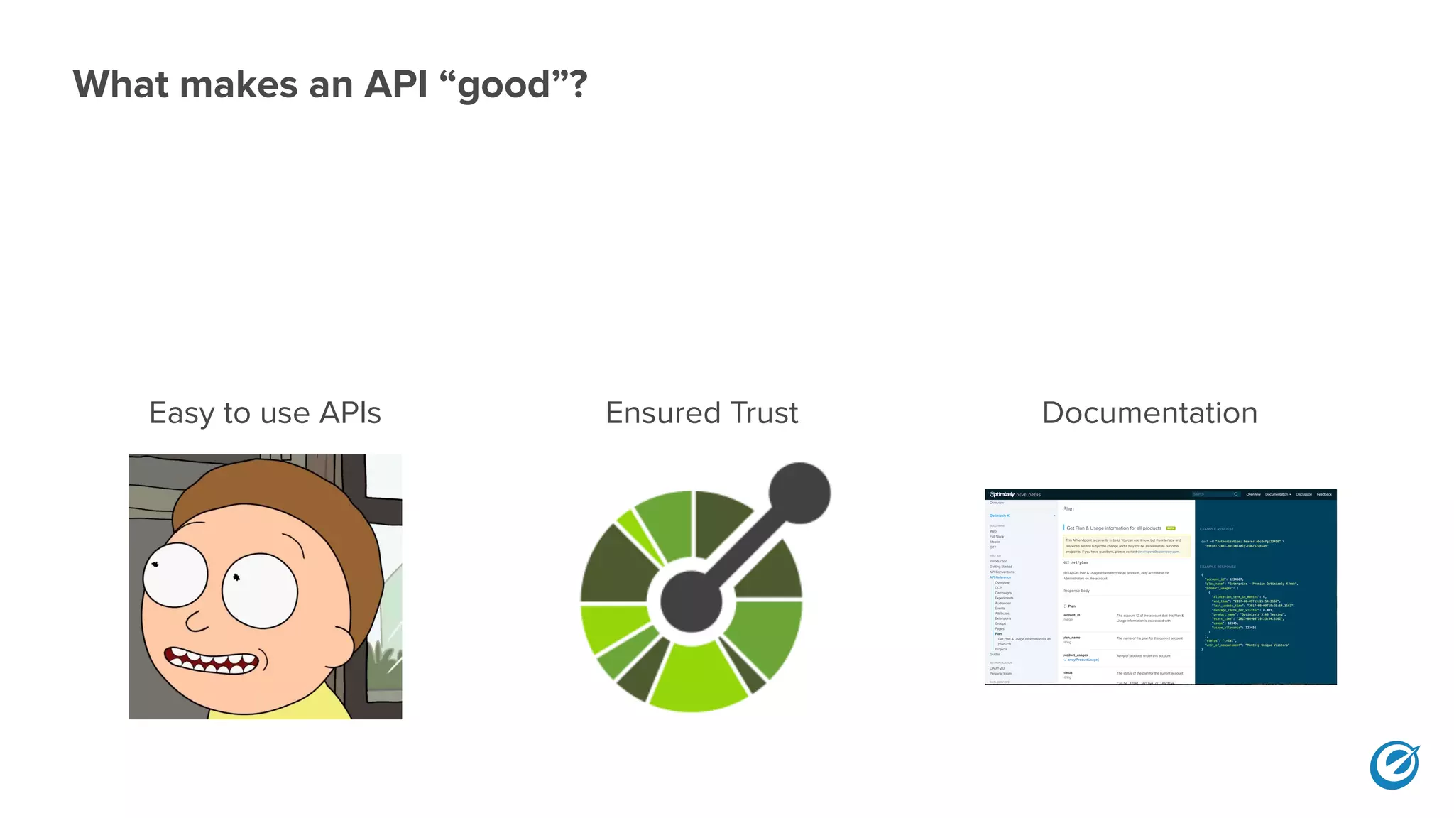 Easy to use APIs
What makes an API “good”?
Ensured Trust Documentation
 