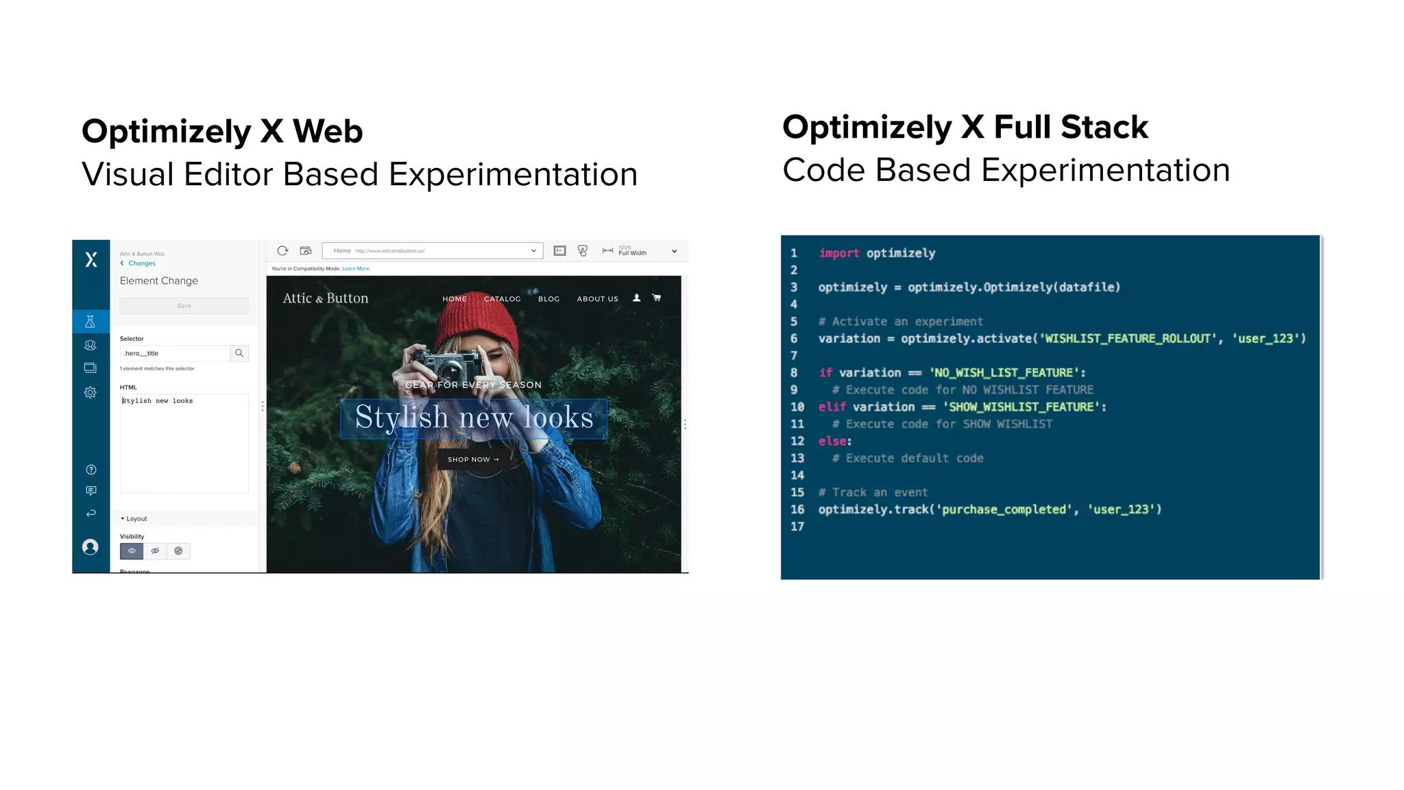 Optimizely X Full Stack
Code Based Experimentation
Optimizely X Web
Visual Editor Based Experimentation
 