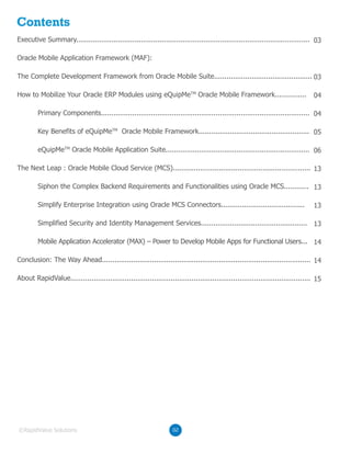 02©RapidValue Solutions
Contents
Executive Summary................................................................................................................
Oracle Mobile Application Framework (MAF):
The Complete Development Framework from Oracle Mobile Suite...............................................
How to Mobilize Your Oracle ERP Modules using eQuipMeTM
Oracle Mobile Framework...............
Primary Components....................................................................................................
Key Benefits of eQuipMeTM
Oracle Mobile Framework.....................................................
eQuipMeTM
Oracle Mobile Application Suite.....................................................................
The Next Leap : Oracle Mobile Cloud Service (MCS)..................................................................
Siphon the Complex Backend Requirements and Functionalities using Oracle MCS............
Simplify Enterprise Integration using Oracle MCS Connectors........................................
Simplified Security and Identity Management Services...................................................
Mobile Application Accelerator (MAX) – Power to Develop Mobile Apps for Functional Users...
Conclusion: The Way Ahead....................................................................................................
About RapidValue...................................................................................................................
03
03
04
04
05
06
13
13
13
13
14
14
15
 